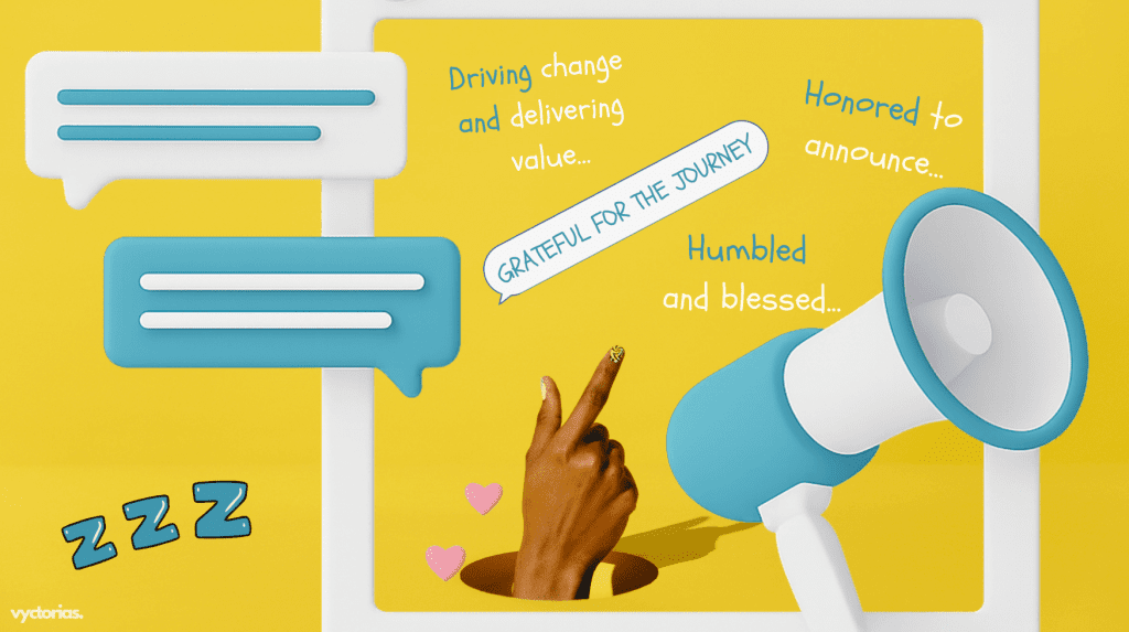 A 3D-style illustration of a hand pointing through a social media frame, surrounded by speech bubbles with LinkedIn-style phrases like “Grateful for the journey” and “Humbled and blessed.”