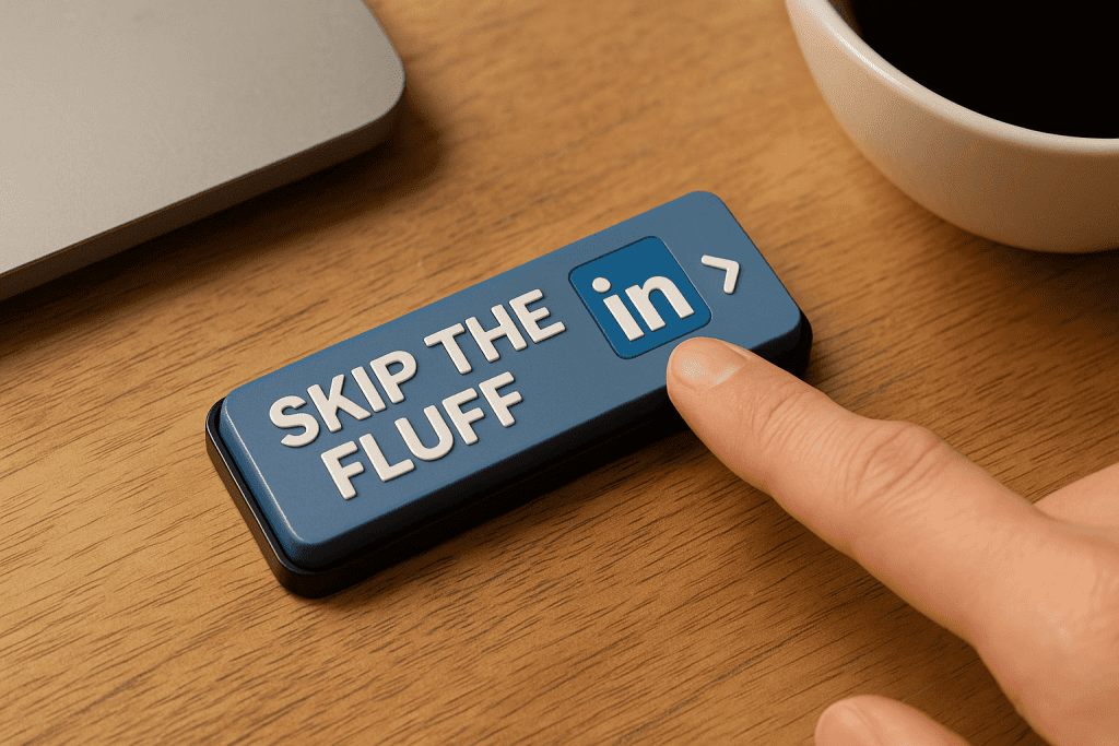 A realistic photo of a finger pressing a blue button labeled “Skip the Fluff” with a LinkedIn icon, set on a wooden desk next to a coffee cup.