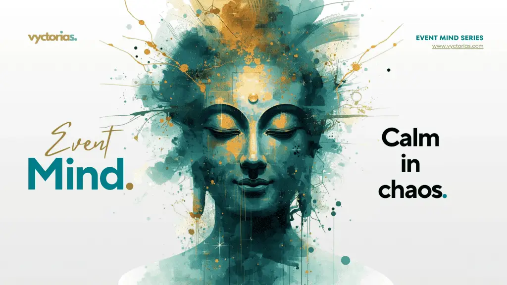 A calm face in teal and gold watercolour emerging from chaotic splashes, representing staying clear-headed in chaos